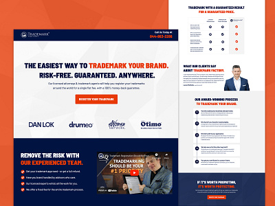 Trademark Factory Landing Page blue brand branding call to action chart conversion optimized convert cta cta recall google landing page logo orange ppc trademark trademark factory ui unbounce webpage