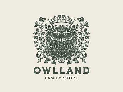 OWL bird coat of arms crown engraving forest king logo logotype nature owl tree vintage