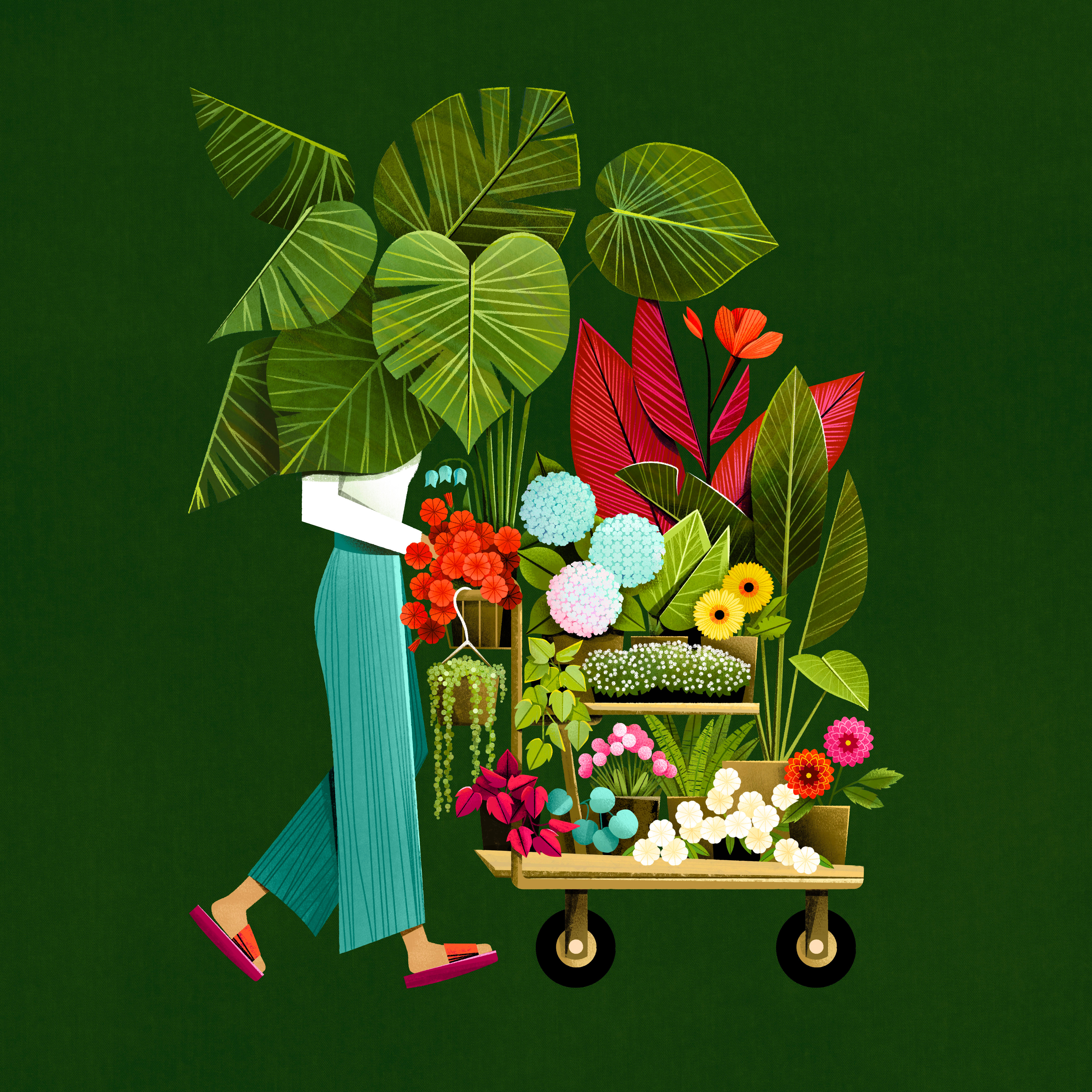 Let's Grow Girls cart floral flower gardne illustration plant retro texture vector