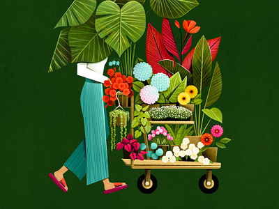 Let's Grow Girls cart floral flower gardne illustration plant retro texture vector