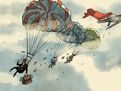 Parachute 2d character conceptual digital editorial emanuel wiemans folioart illustration line drawing money