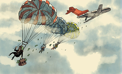 Parachute 2d character conceptual digital editorial emanuel wiemans folioart illustration line drawing money