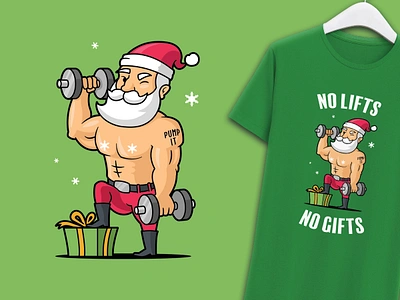 No Lifts No Gifts bodybuilder cartoo cartoon christmas funny gym illustration santa santa claus t shirt vector weightlifting