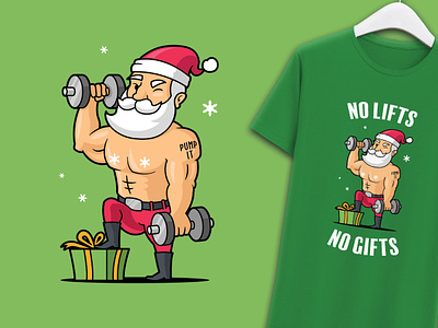 No Lifts No Gifts bodybuilder cartoo cartoon christmas funny gym illustration santa santa claus t shirt vector weightlifting