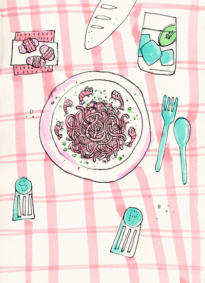 Good Food dinner illustration shrimps spaghetti