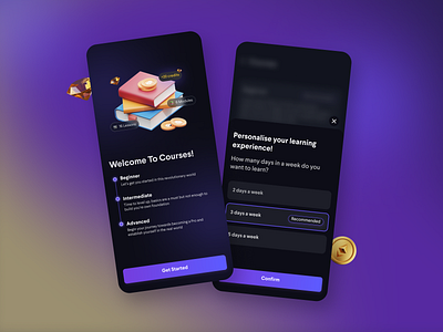 Cryptograd: App for A Blockchain Oriented Startup 3d illustrations app design blockchain crypto cryptocurrency dark mode dark ui elearning gamification learning app mobile app