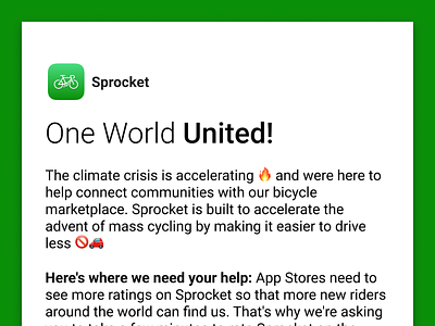 Sprocket Email: Rate our App! 🌏 android app store apple aso bicycle bike climate conversion design email google marketing onesignal play store rank rate rate us ratings review sprocket