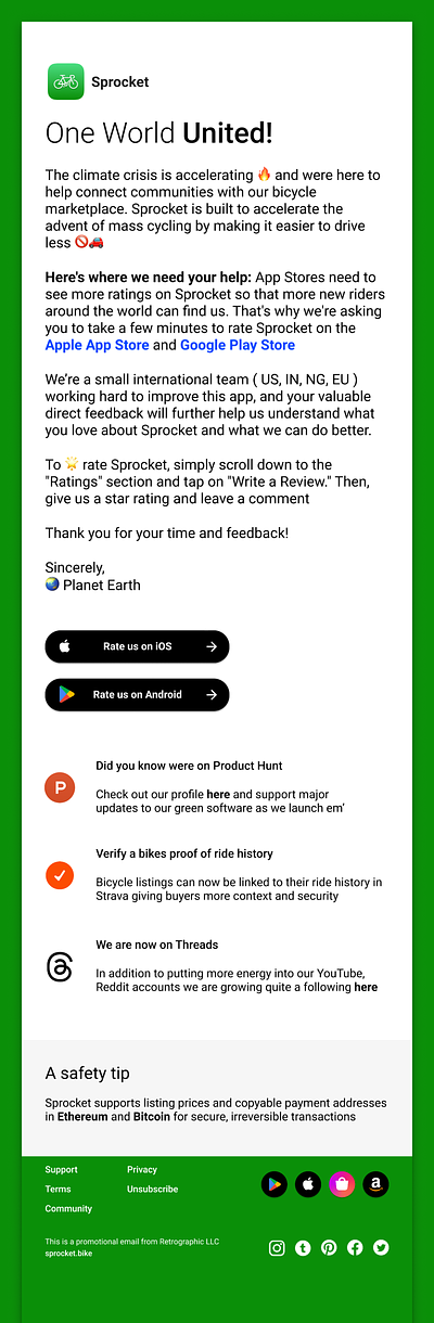 Sprocket Email: Rate our App! 🌏 android app store apple aso bicycle bike climate conversion design email google marketing onesignal play store rank rate rate us ratings review sprocket