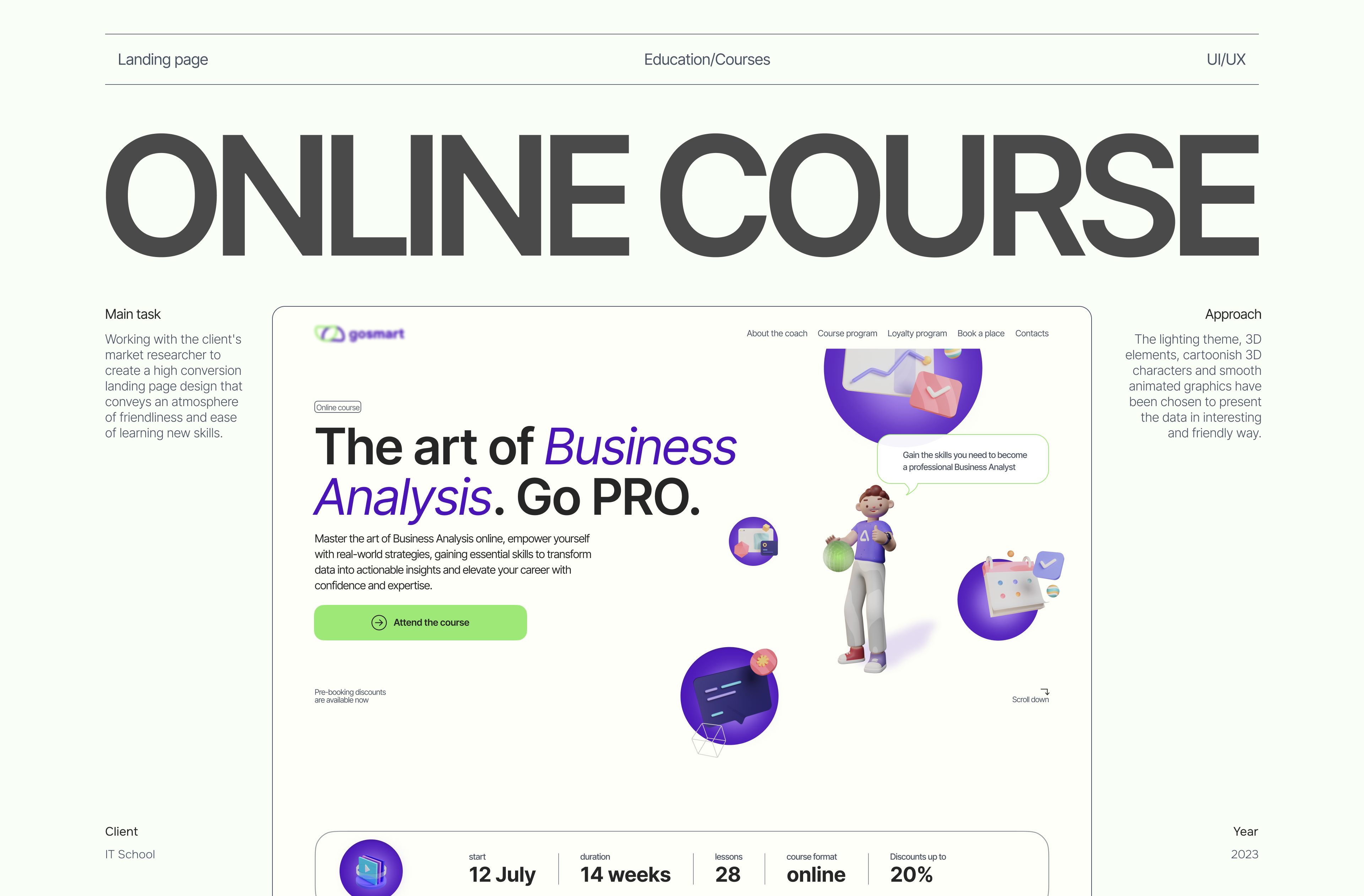 Online course for Business Analysis | Landing page | Education 3d animation couses custom design design education figma interaction landing page landing page design mockup online course ui uiux ux web design webinars website website design