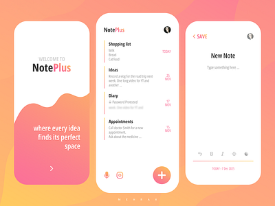 NotePad Application Design - MEHRAX graphic design mehrax minimal minimal app minimal application mobile note note app note application note pad notepad notepad app notepad application orange orange app orange application ui