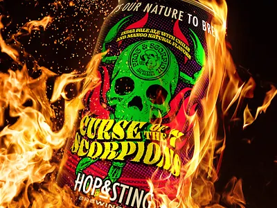 Curse of the 7 Scorpions beer can craft beer fire illustration label label design labels merch merch design packaging products scorpion skull type typography