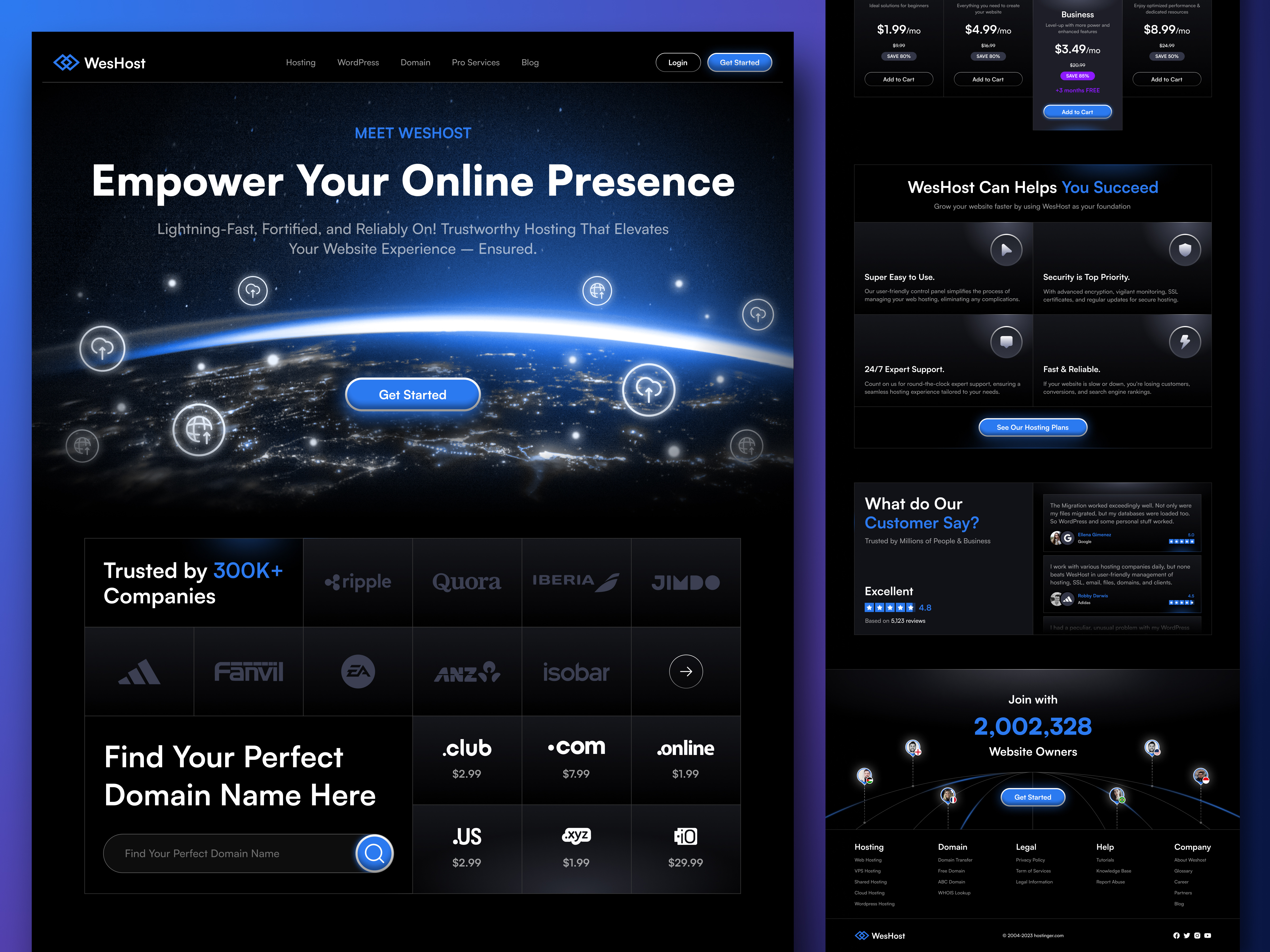WesHost - Web Hosting Services Landing Page cloud cloud computing dark dark mode domain homepage host hosting hosting service landing page pricing server ui uiux vps web design web hosting website website hosting wordpress