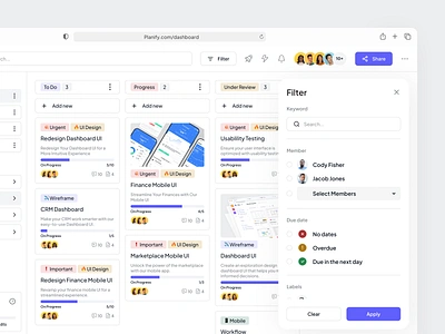 Planify - Filter cansaas clean clear dashboard data design filter graphic design interface layout member minimalist modal popup product product design saas service ui ux