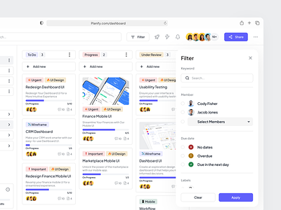 Planify - Filter cansaas clean clear dashboard data design filter graphic design interface layout member minimalist modal popup product product design saas service ui ux