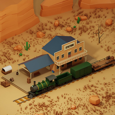 Isometric Wild West Station 3d environment isometric lowpoly wildwest