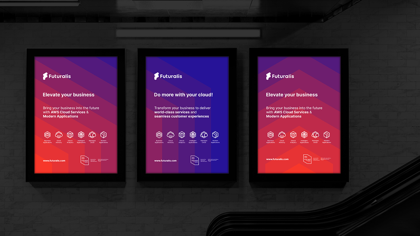 Futuralis, AWS cloud services logo identity advertising posters design by Alex Tass