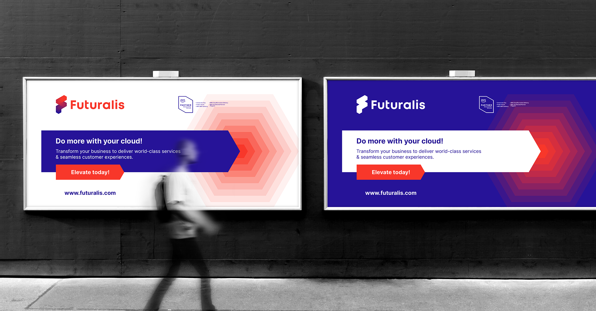Futuralis, AWS cloud services logo identity advertising billboards design by Alex Tass