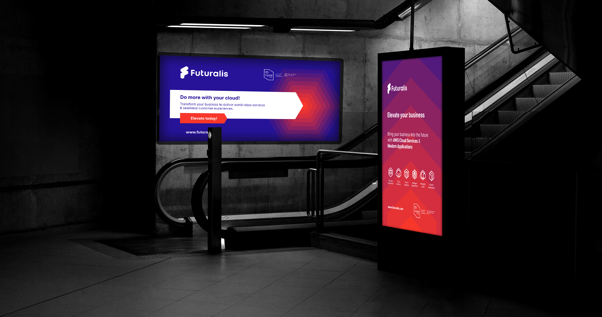 Futuralis, AWS cloud services logo identity advertising billboard poster design by Alex Tass