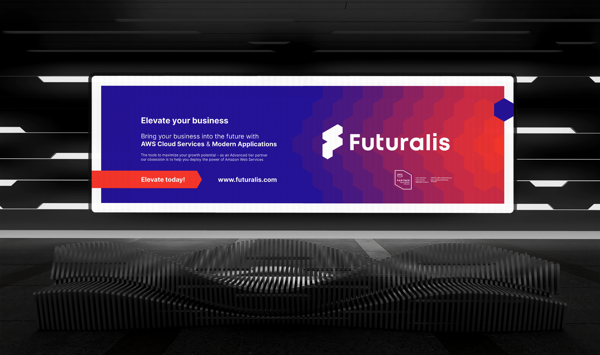 Futuralis, AWS cloud services logo identity advertising billboard design by Alex Tass