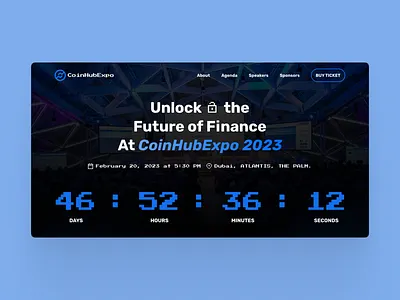 Event landing page buy countdown cryptoevent cta dark displaywebsite event eventlandingpage eventwebpage landingpage layout minimal pixelfont typography ui ux webdesign websitedesign