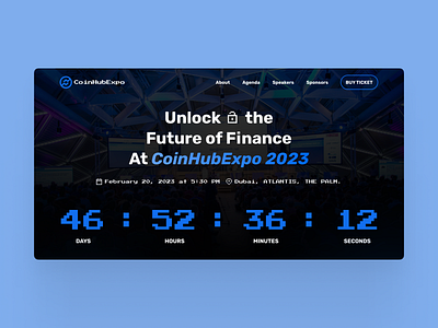 Event landing page buy countdown cryptoevent cta dark displaywebsite event eventlandingpage eventwebpage landingpage layout minimal pixelfont typography ui ux webdesign websitedesign