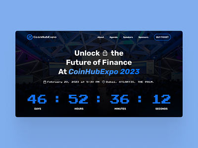 Event landing page buy countdown cryptoevent cta dark displaywebsite event eventlandingpage eventwebpage landingpage layout minimal pixelfont typography ui ux webdesign websitedesign