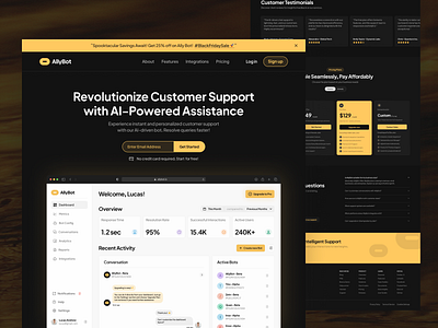 AllyBot — Landing Page ai chatbot clean darkmode figma footer how it works minimal pricing section product design saas dashboard saas landing page saas website ui design website website ui
