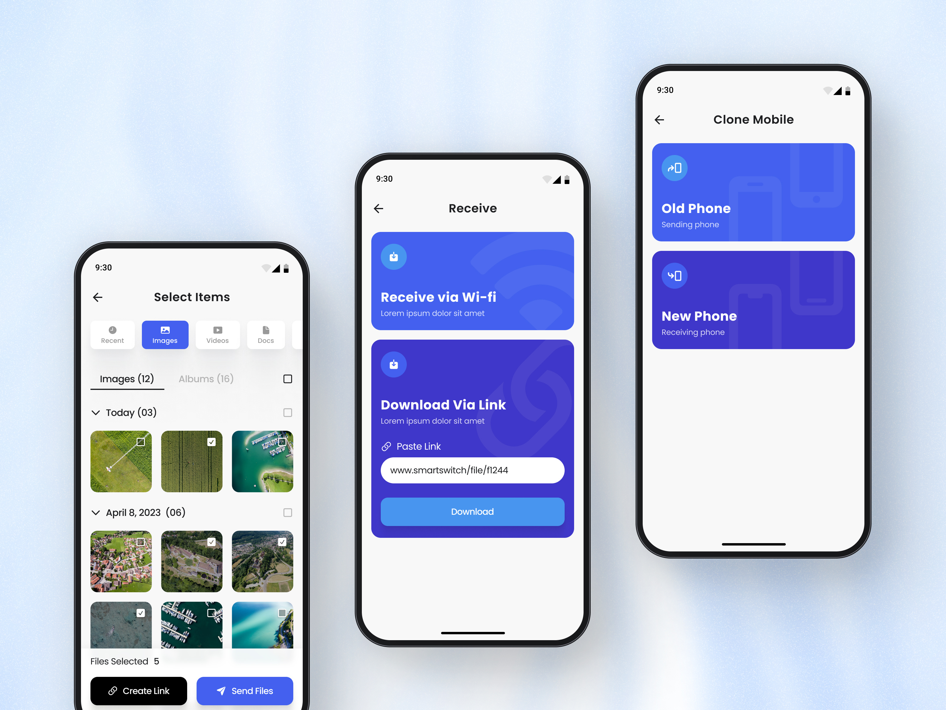 Smart Switch — Data transferring options app design application blue data transfer figma file sharing app file transfer file transferring app mobile app design mobile app designer mobile application mobileapp photo product design purple ui uidesign user interface ux uxdesign