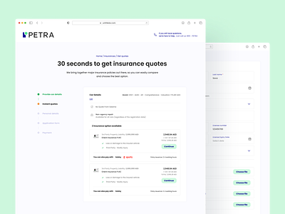 Petra Get a quote | Insurance Brokers form get a quote progress form ui website