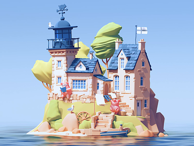 Pigs Island 3d animation architecture bretagne brittany c4d cinema4d france house illustration island isometric loop pig pigs