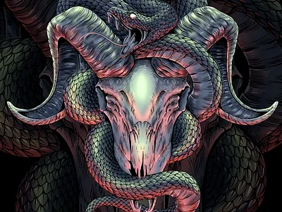 Snake and Goat skull darkart design drawing goat graphic design illustration skull snake tshirt design