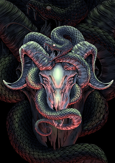 Snake and Goat skull darkart design drawing goat graphic design illustration skull snake tshirt design