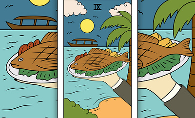 Tarot Card The Grilled Fish Cartoon Illustration magic card