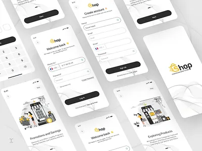 Login and sign in app design black clean create account e commerce app forgot password login login app modern app design onboarding screens shopping sign in sign up app splash ui ui design uiux ux design visual design yellow