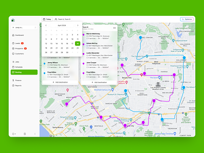 Routing calendar crm dashboard map path popup route schedule ui