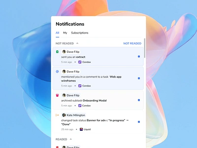 Notifications Modal - Exploration clean ui clear ui comments design system icons indicators mentions modal notification notification pannel notifications pop up popover product saas startup task ui ux