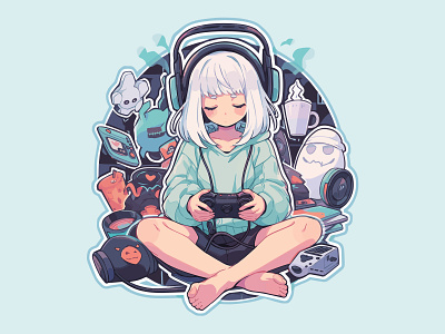 Sleepy girl with headset on playing game in relaxed pose chibi cute gamer girl playing