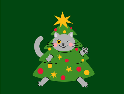 Christmas tree cat abstract cartoon cat character christmas cute design flat green holiday illustration kitty star tree