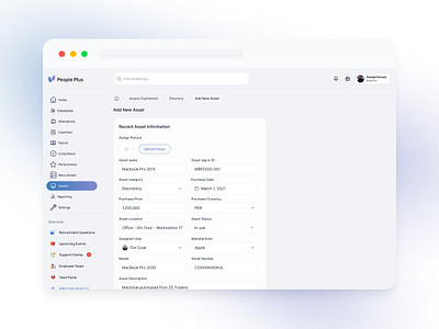 PeoplePlus - Assets Screen dribbbledesign employeemanagement graphic design hrsoftware humanresourcestech logo odusstudio ui ux