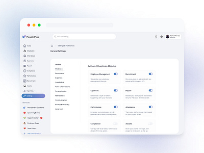 PeoplePlus - Settings Screen branding dribbbledesign employeemanagement graphic design hrsoftware humanresourcestech logo odusstudio ux