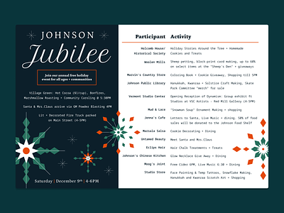 Johnson Jubilee Hand-out agenda december design event figma holiday holiday card illustration invite johnson vermont jubilee party postcard print small town snowflake typography vermont winter xmas