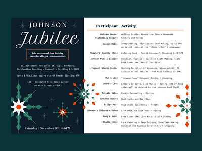 Johnson Jubilee Hand-out agenda december design event figma holiday holiday card illustration invite johnson vermont jubilee party postcard print small town snowflake typography vermont winter xmas