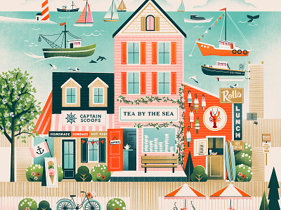 Beside the Sea beach beachy boat flat ice cream illustration lighthouse lobster new england puzzle sailboat scene sea shops town vector