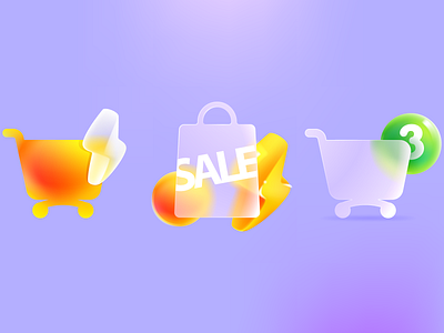 Glassmorphism style transparent shopping cart, package bolt design glassmorphism icon identity illustration lightning logo mark sale shop thunderbolt transparent ui