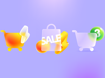 Glassmorphism style transparent shopping cart, package bolt design glassmorphism icon identity illustration lightning logo mark sale shop thunderbolt transparent ui