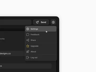 Dark 🌚 app dark dark mode dark theme jim designs jimdesigns jimdesigns.co menu dropdown product design saas settings ui