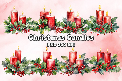 Red Christmas Candles Watercolor bitmap candles christmas craft design freebies graphic png printable printing transparent watercolor