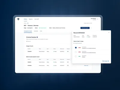 People Screening Platform for Investigators dashboard desktop form interface modal process protection screening security snackbar table ui ux web