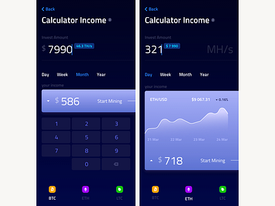 calculator income back btc calculator income calculator screen crypto app crypto wallet app dark blue color day drop down eth fin app invest amount ltc month sky color forms start mining usd week year your income