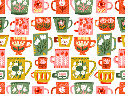 Mugs art licensing cat floral flowers illustration pattern surface design